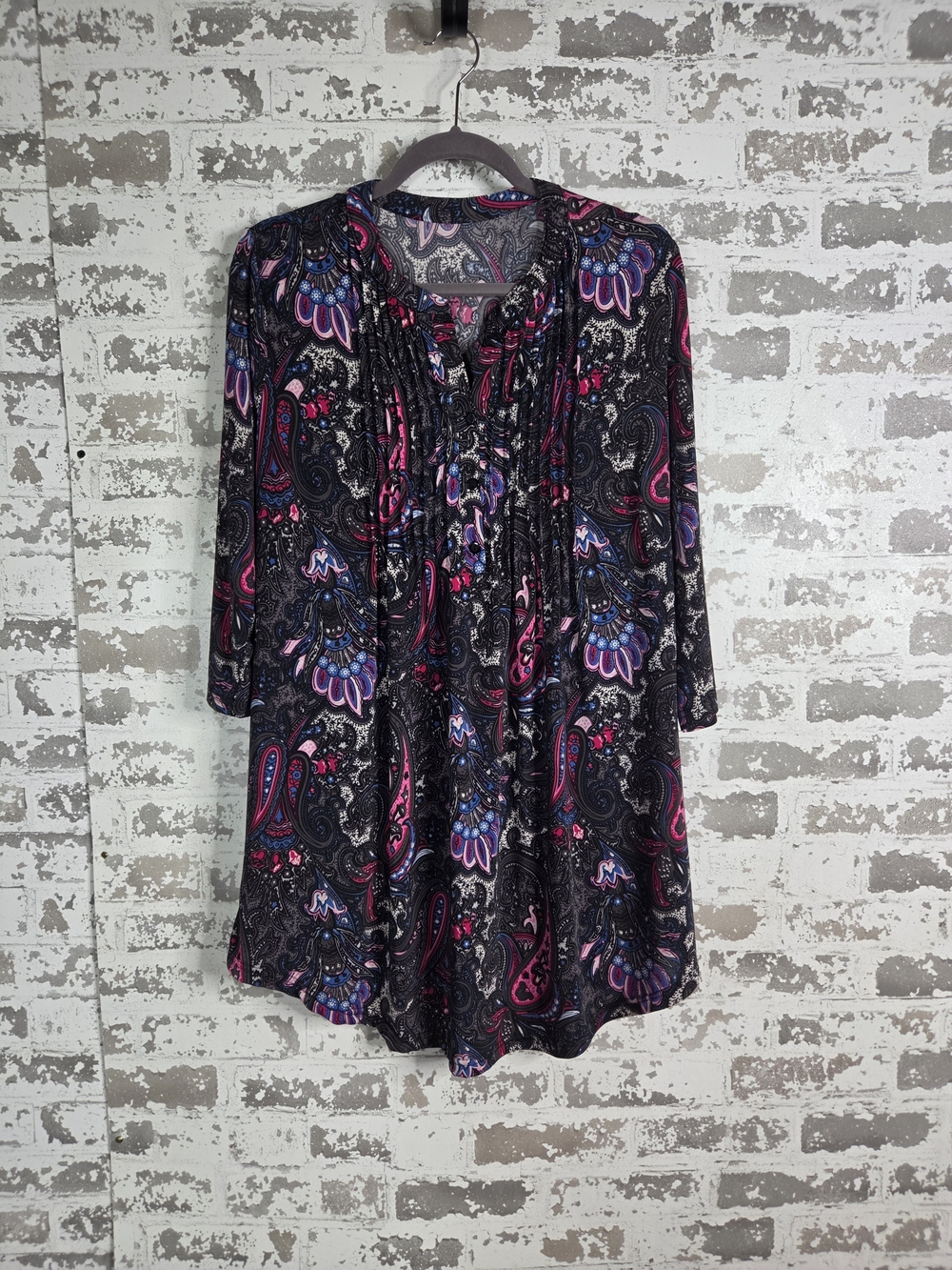 Boho Paisley Tunic Top Blouse Pleated 3/4 Sleeve Black Pink Purple Plus Size